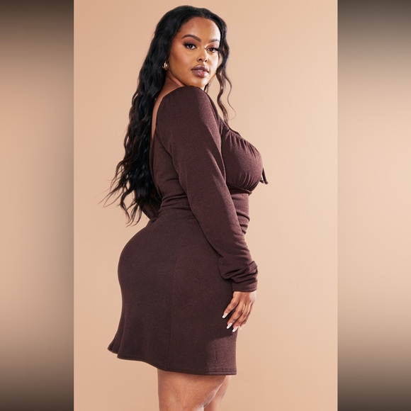 Plus Chocolate Puff Sleeve Tie Front Bodycon Dress from PrettyLittleThing - Picture 2 of 4